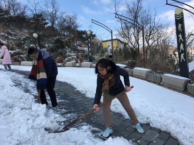 放下行李就帮着扫雪。